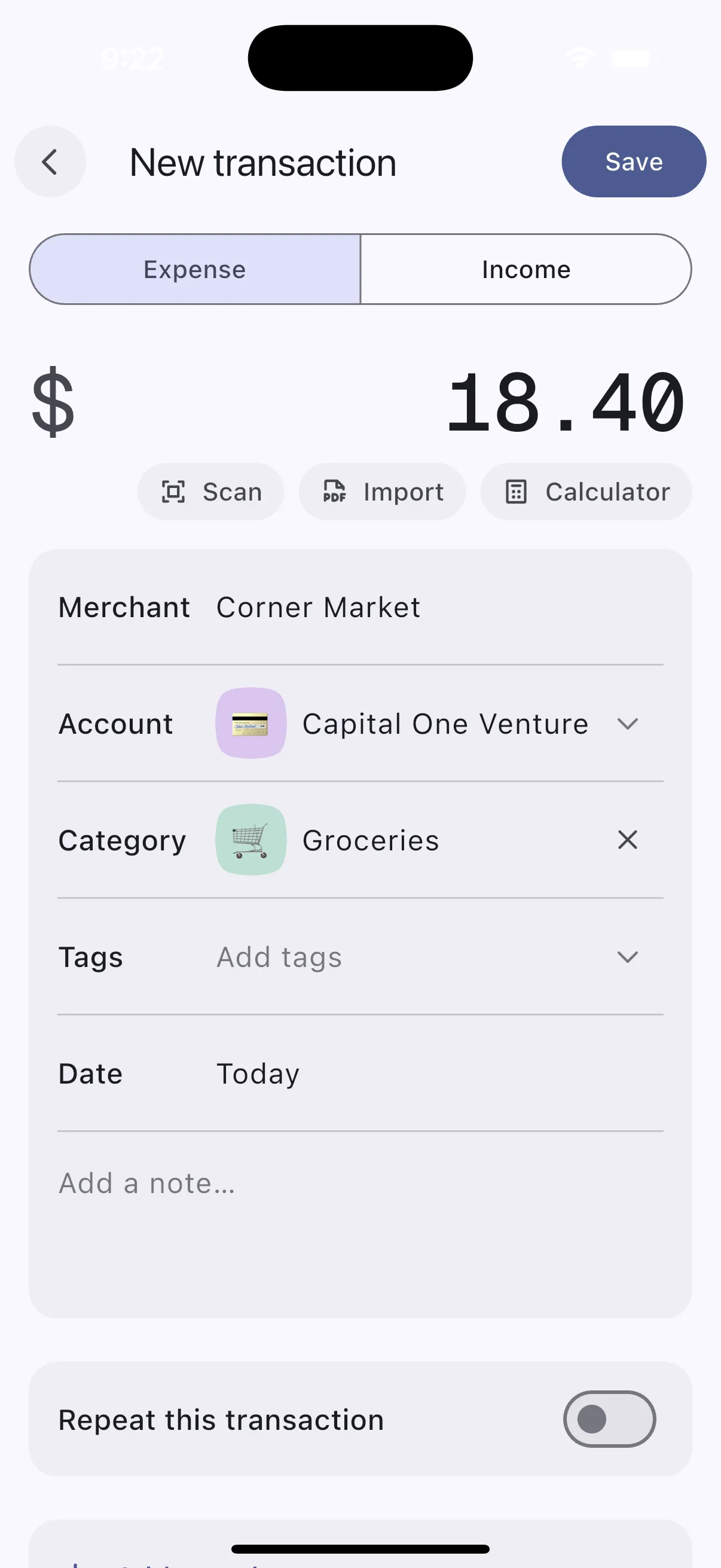 New transaction screen with an expense of 18.40 at Corner Market, an account and category chosen, a tags and date row, and shortcuts to scan a receipt, import a PDF or open the calculator.